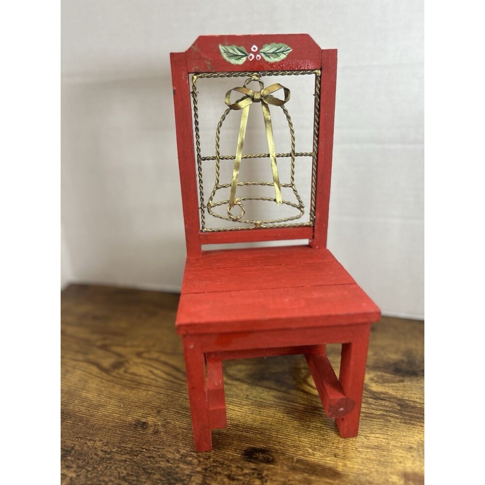 Vtg Red Wooden Christmas Chair Display Stand Bell Planter Holiday Decor Accent - Picture 2 of 12